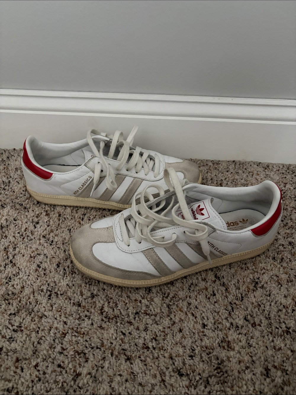 adidas White Gray Sneakers with Red Heel